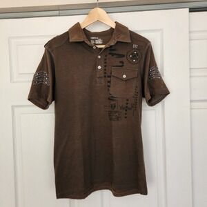 Men's Vertical Military-look Brown and Black Casual Collared Shirt Medium